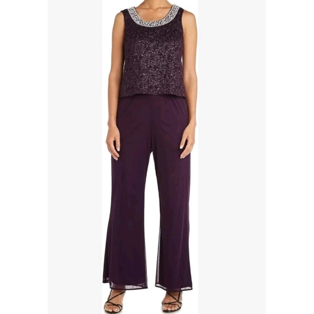 R&M Richards Women's Size 16 Beaded Neck 2 Piece Long Pant Set Sheer Purple NEW